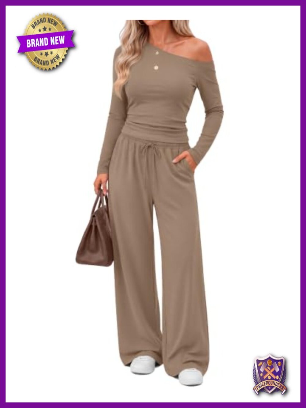 Women's 2 Piece Lounge Set Off Shoulder Long Sleeve Wide Leg Pants Travel Outfit